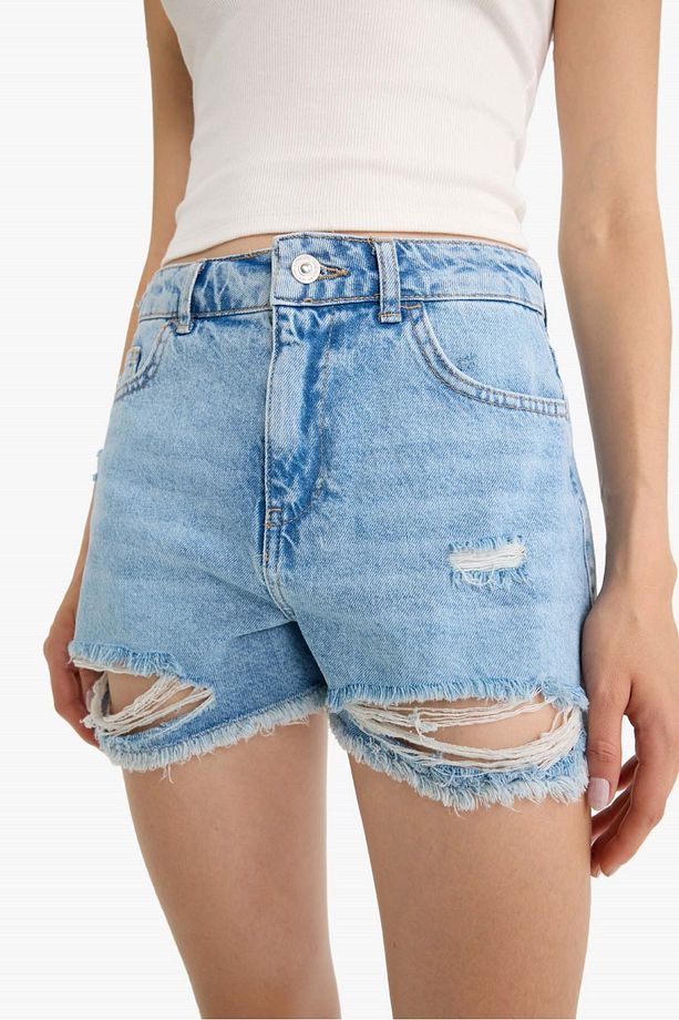 Yüksek Bel Paça Ucu Kesik Jean Şort E0504AX25SM - 7