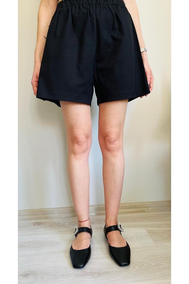 Gabardin Yüksek Bel Lastikli Şort - 1
