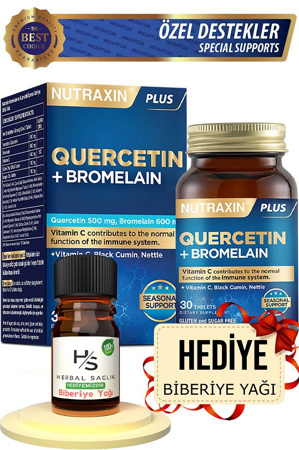 Quercetin Bromelain 30 Adet Tablet - Kuersetin, Bromelain Hrblsglk Biberiye Yağı (HEDİYE) - 1