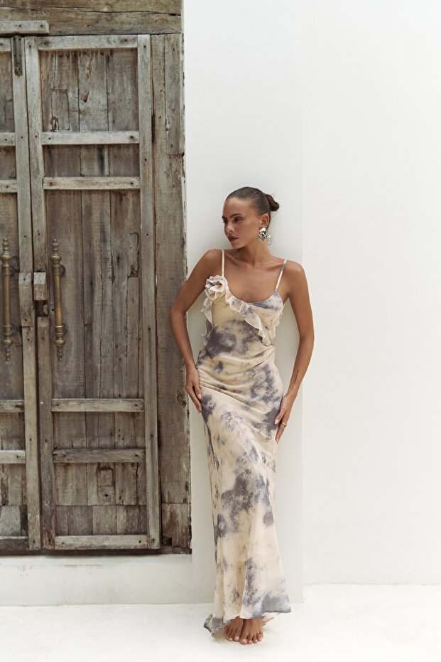 Purtyas Fırfır Detaylı Sarı Uzun Elbise - 2