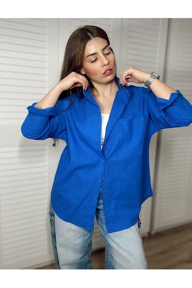 Saks Mavi Düşük Omuz Kaliteli Kumaş Keten Jakarlıdır Hafıf Toktur Dökümlüdür Oversize Gömlek - 1