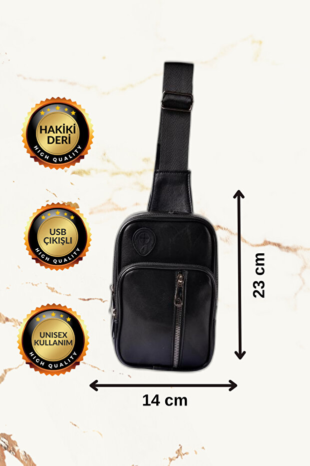 Unisex Bodybag Black Crossbody Bag with USB Output (Genuine Leather)