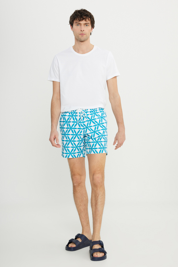 Erkek Beyaz Mint Cepli Hızlı Kuruyan Desenli Standart Fit Normal Kesim Mayo Deniz Şortu - 5