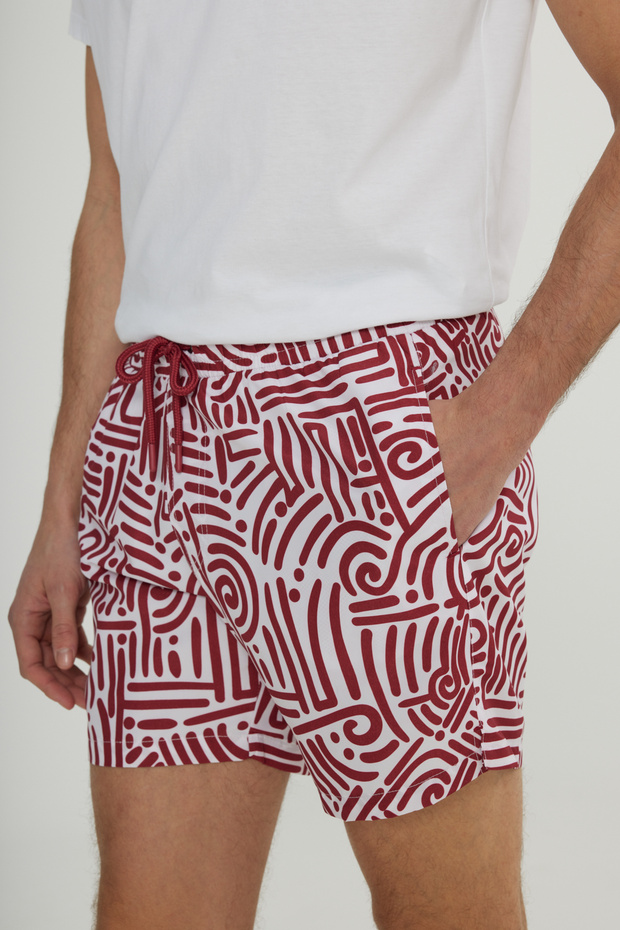 Erkek Beyaz Siyah Cepli Hızlı Kuruyan Desenli Standart Fit Normal Kesim Mayo Deniz Şortu - 9