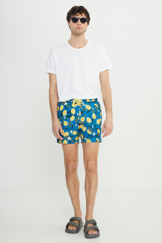 Erkek Mavi-sarı Cepli Hızlı Kuruyan Desenli Standart Fit Normal Kesim Mayo Deniz Şortu - 6