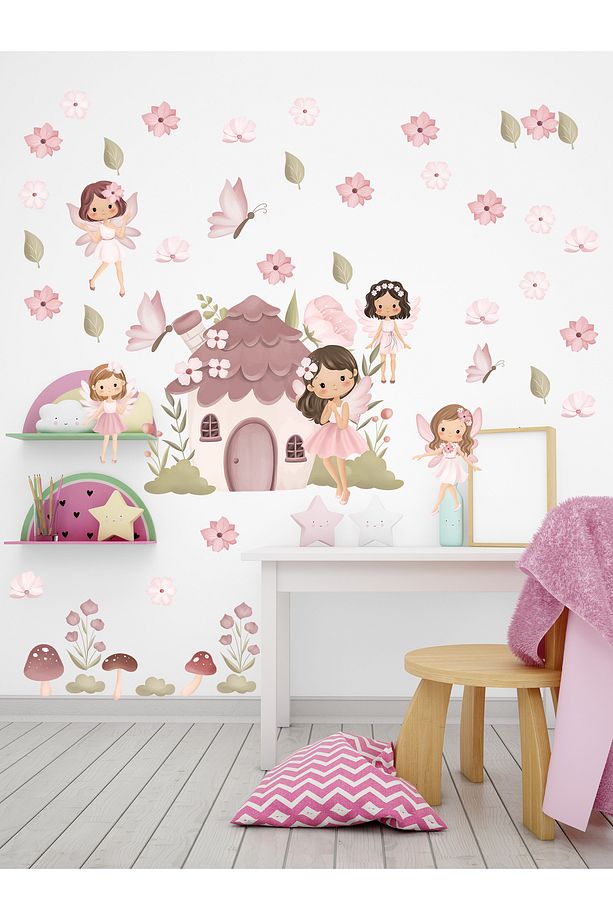Pastel Renklerde Peri Evi ve Neşeli Orman Perileri Çocuk odası Cam, Duvar sticker - 2