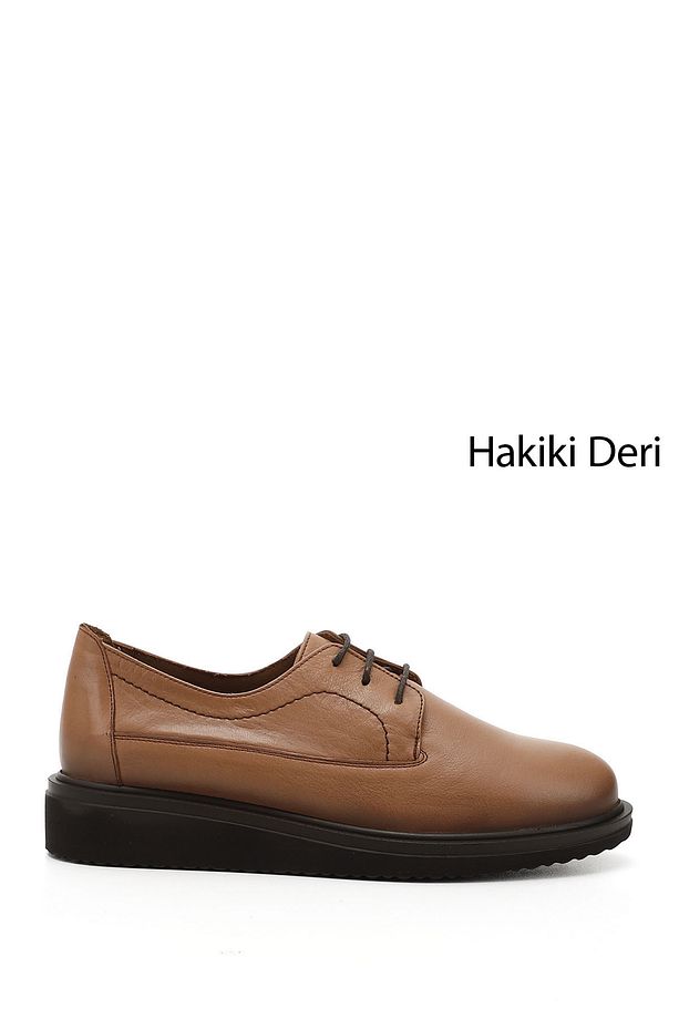 Kadın Açık Taba Bağcıklı Dolgu Taban Hakiki Deri Ayakkabı - 1