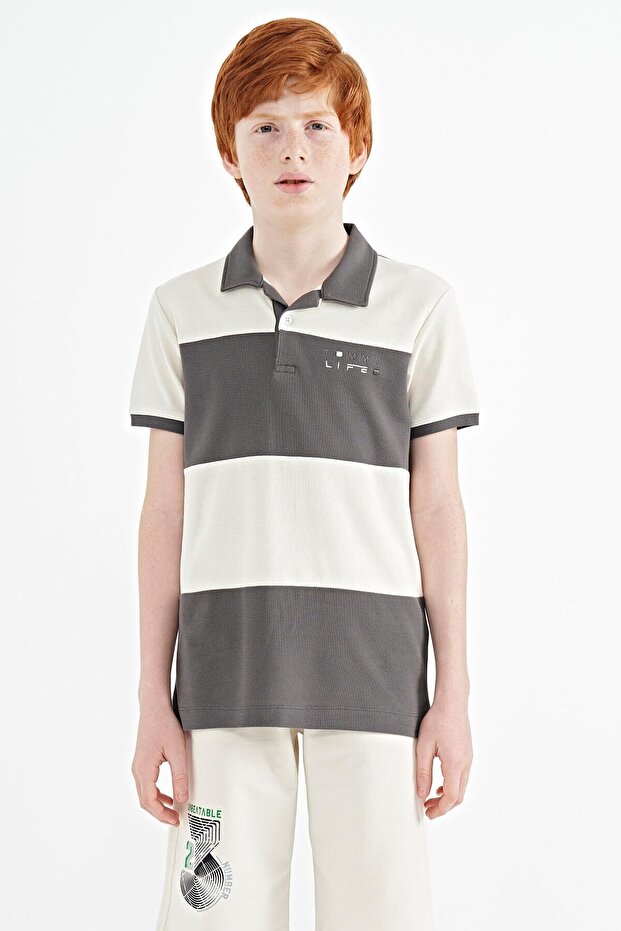 Dark Gray Color Blocked Text Embroidered Standard Mold Polo Collar Boy T-shirt - 11095