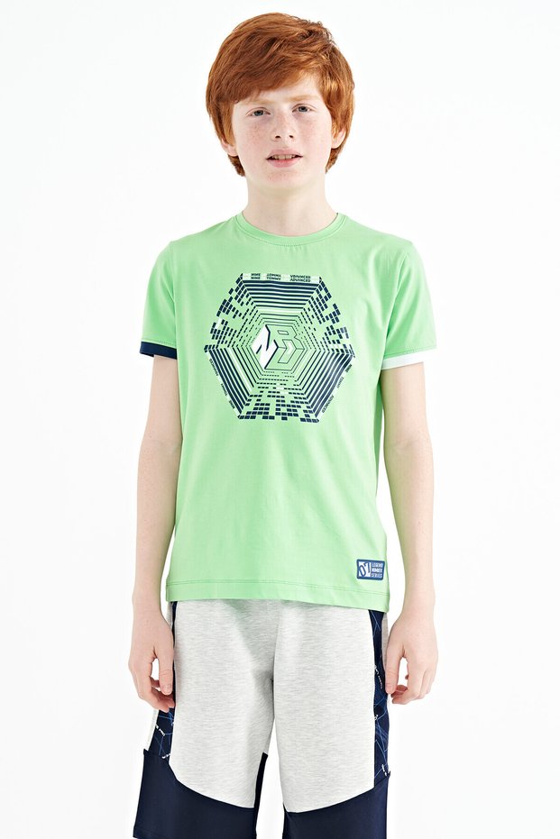 Neon Green Sleeve Colorful Detailed Printed Standard Fit Boys T-Shirt - 11156