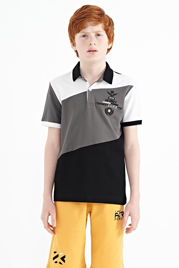 Black Color Blocked Embroidery Detailed Standard Pattern Polo Neck Boy's T-shirt - 11088