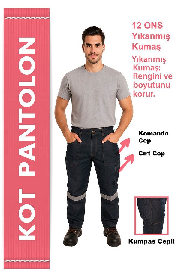 5 Cepli Reflektörlü Kot İş Pantolonu – 12 Ons Kumaş – Uzun Ömürlü ve Sağlam İş Pantolonu - 3