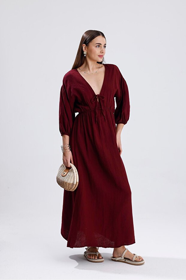 Balloon Sleeve V-Neck Muslin Dress - Burgundy