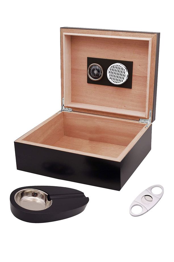 Küçük Mat Siyah Humidor Puro Kutusu Küllük Makas Seti Rd26 - 1