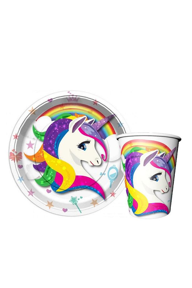 Unicorn Temalı Parti Seti 8 Kişilik Kağıt Tabak ve Bardak Çocuk Doğum Günü Süsleri - 2