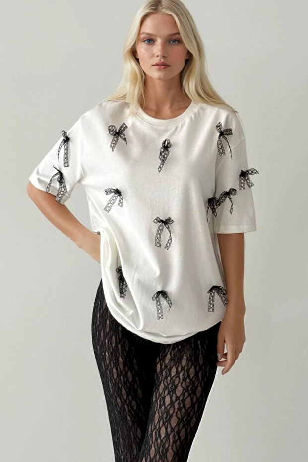 Kurdela Detay Oversize Kadın Tshirt - 2