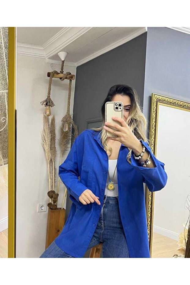 Saks Mavi Standart Beden Kumaş Doku Olurak Hafıf Toktur Dökümlüdür% 100 Pamuk Keten Ince Gömlek - 2