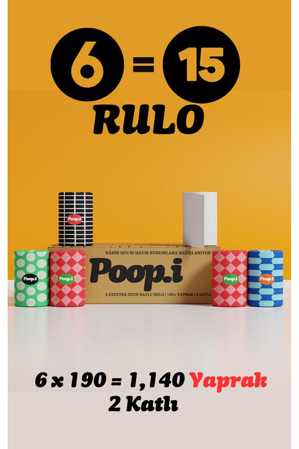 Pop Edition Kağıt Havlu 2 Katlı 6 Rulo 1=2.5 Extra Uzun Poopi - 1