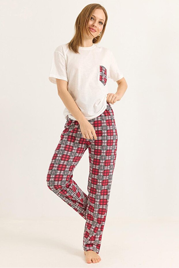 Crew Neck Elastic Waist Pajama Suit Red