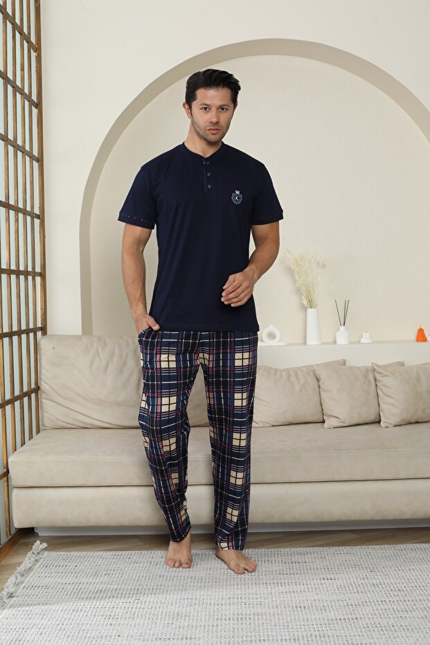 Men's Short Sleeve, Bottom Long Placket Button, with Pockets 100% Cotton Navy Color Father's Day Pajamas Set