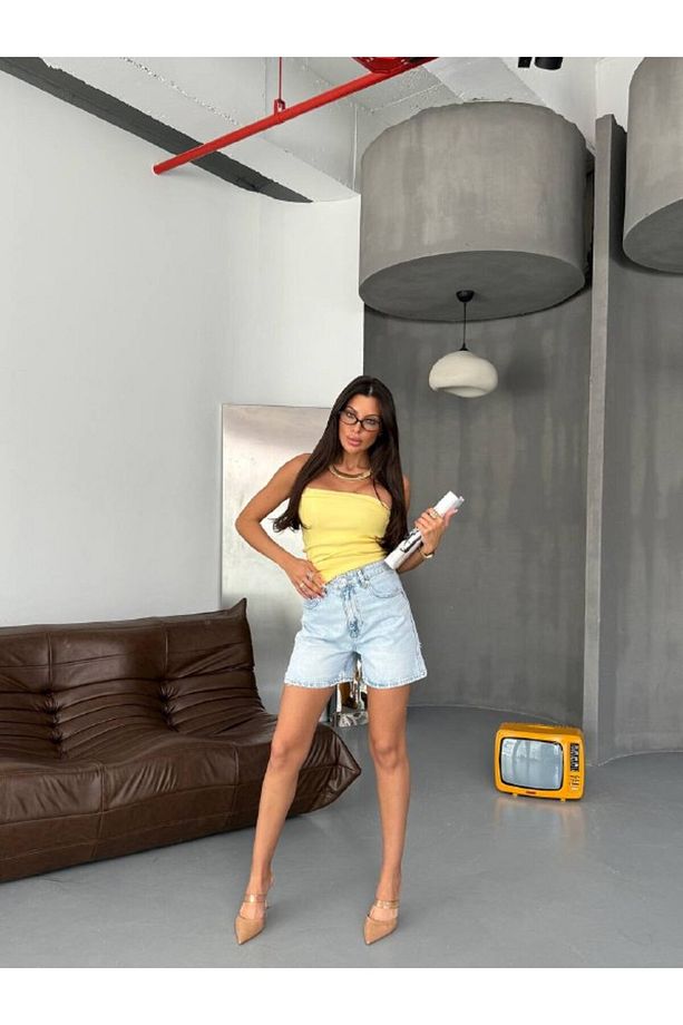 TREND ÖZEL TASARIM TİNT YIKAMA LAZERLİ YÜKSEK BEL DENİM KOT ŞORT - 8