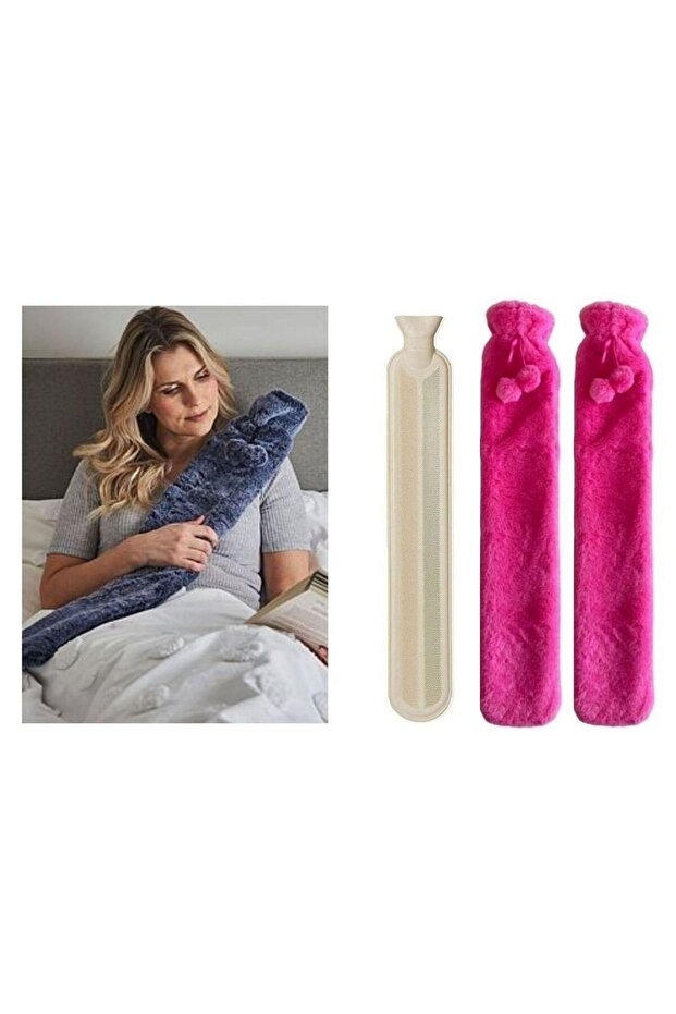 SICAK SU TORBASI 2 ADET,BOYUN VE OMUZ ICIN UZUN PELUŞ PEMBE PONPONLU 2LT TERMOFOR 75x13CM - 3