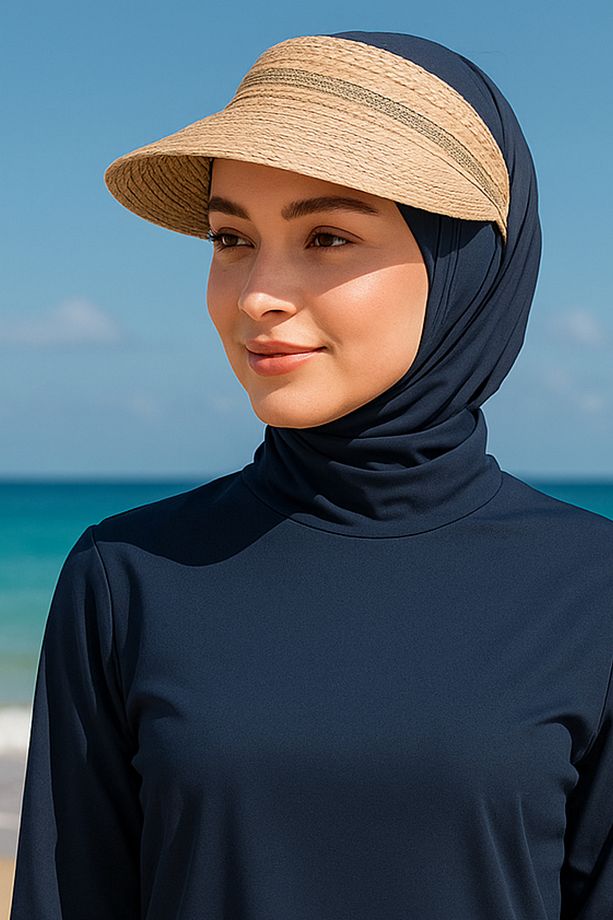 Kadın Camel Çizgi Detaylı Üstü Açık Hasır Şapka - 2