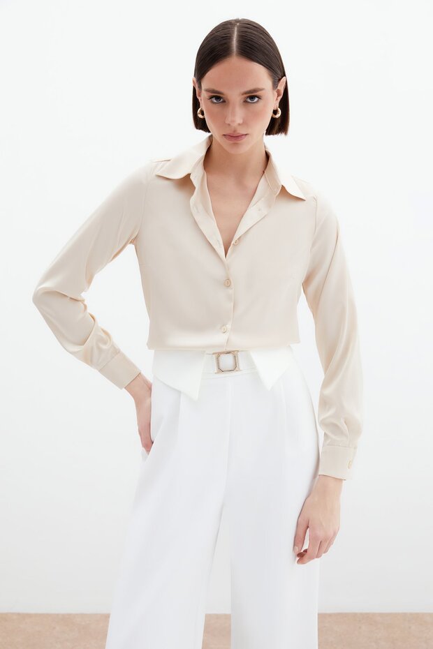 Saten Gömlek - Bej - 3