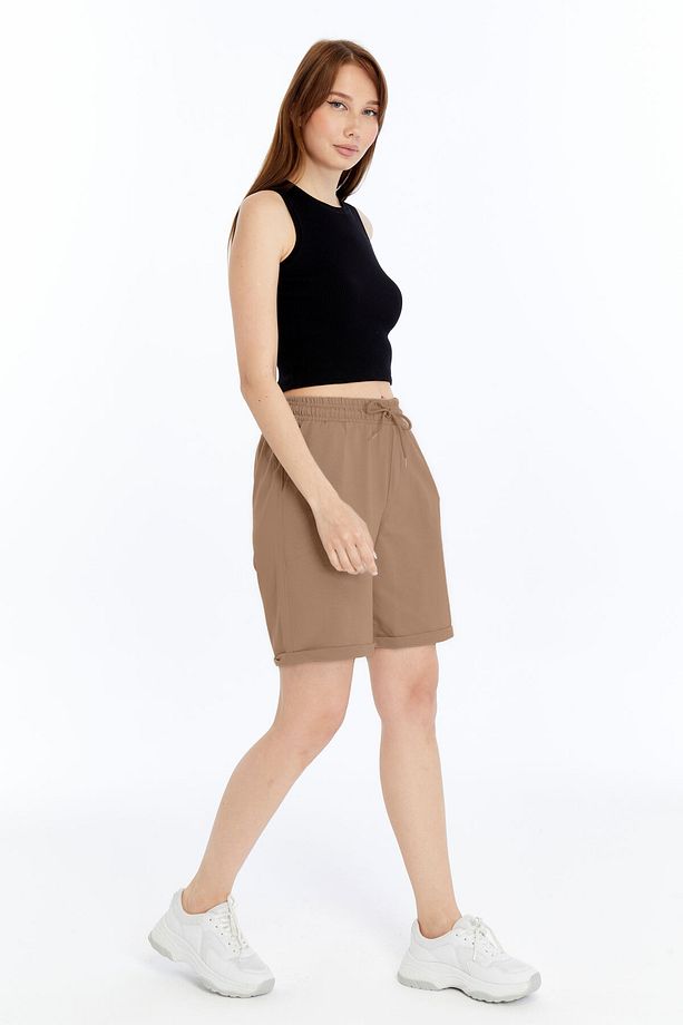 Kadın Oversize Yumuşak Dokulu Şort Modal Karışımlı Katlamalı Paça - 6
