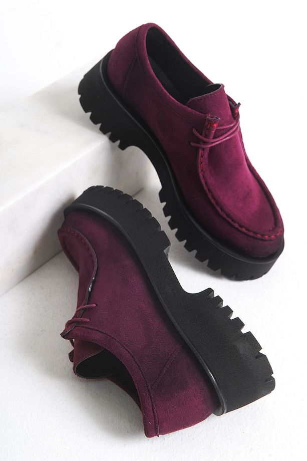 Babs Kadın Loafer Kalın Taban Bağcıklı Günlük Ayakkabı Bordo Süet - 5