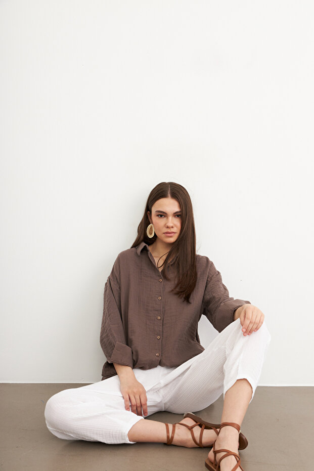 Oversize Basic Muslin Shirt Earth Brown - 6