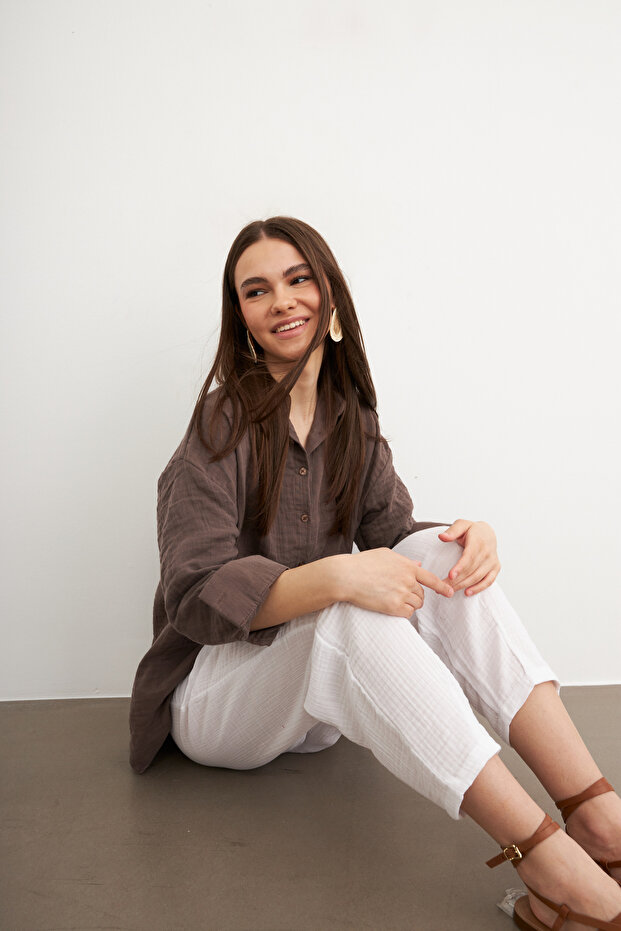 Oversize Basic Muslin Shirt Earth Brown - 8