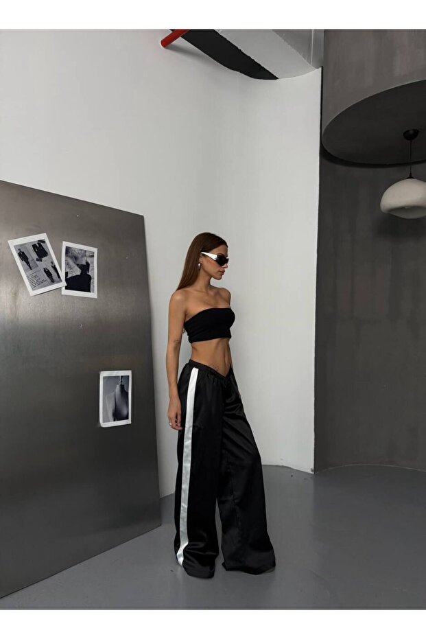Black Garnished Satin Trousers-M - Black