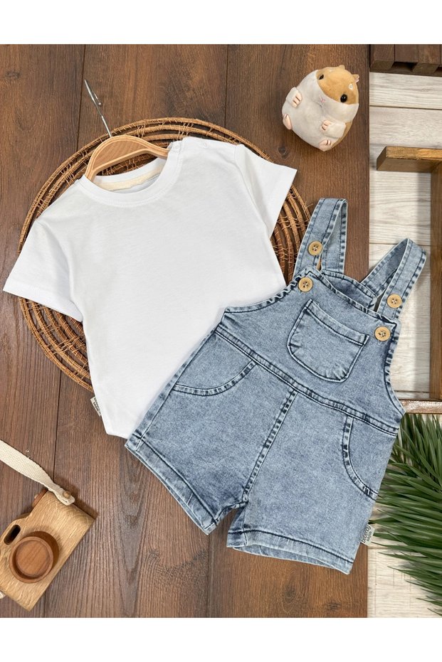 Denim Salopet Lycra Shoulder Snap Fastener Badi Kangaroo Pocket Summer Baby Boy Suit