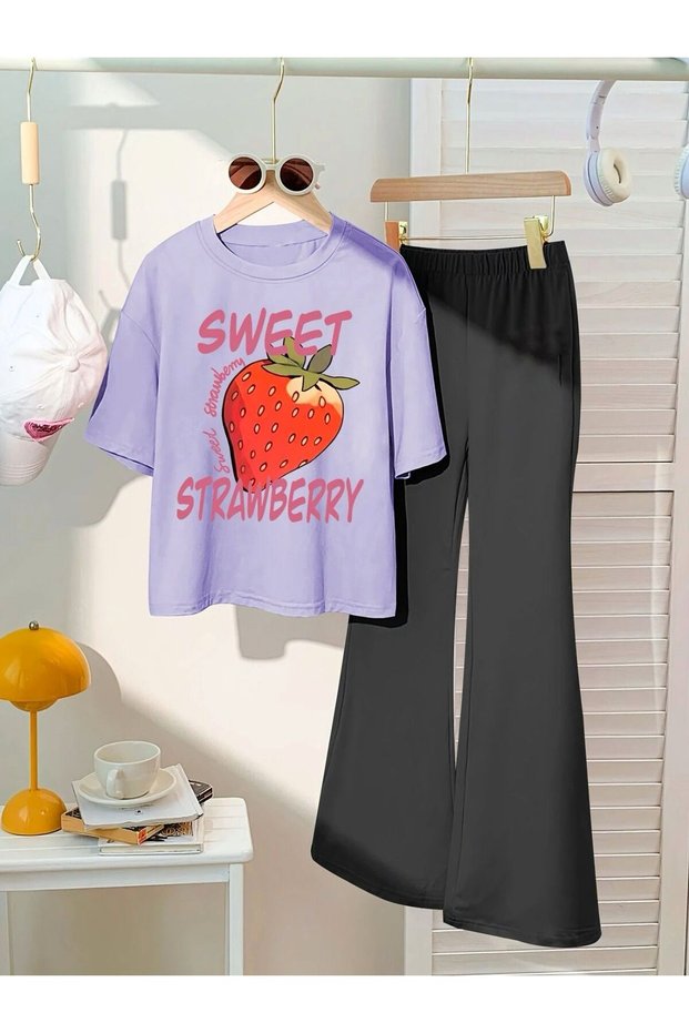 Girls Sweet Strawberry Lilac T-Shirt-Black Spanish Leggings Set
