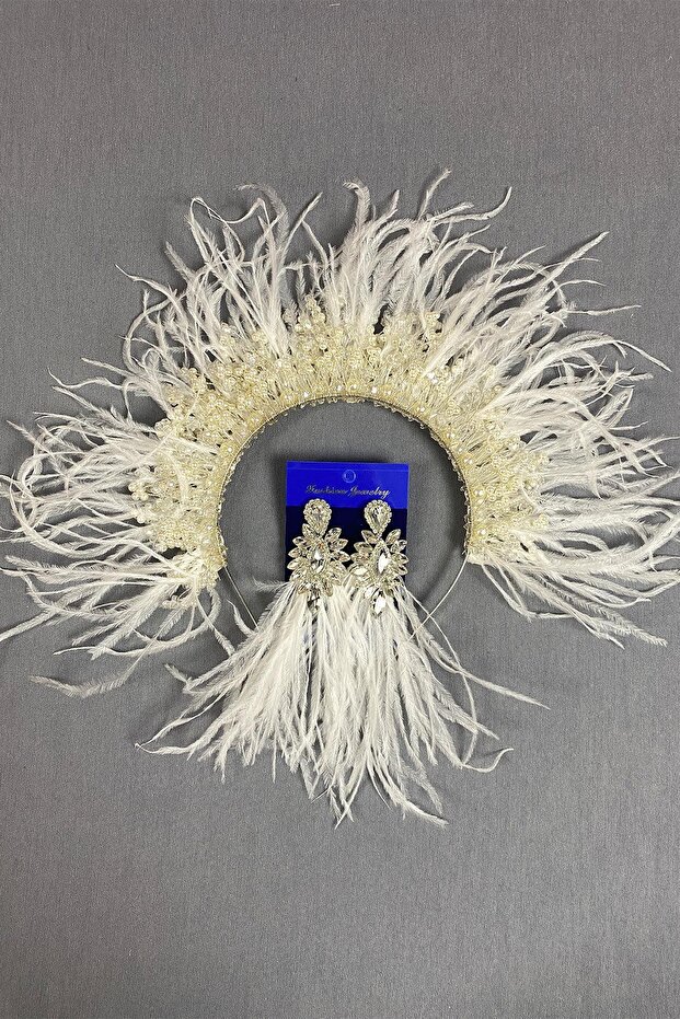 Ecru Sirius Crystal Beaded Feathered Bridal Henna Crown and Earring