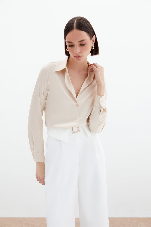 Saten Gömlek - Bej - 5