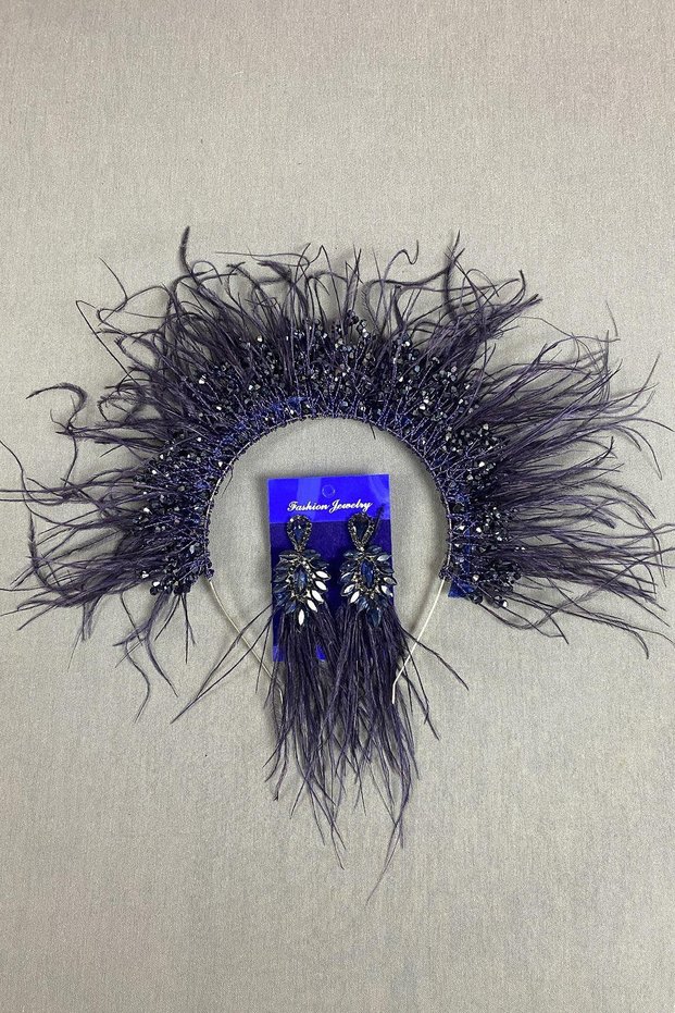 Sirius Crystal Beaded Feathered Bridal Henna Crown and Earring