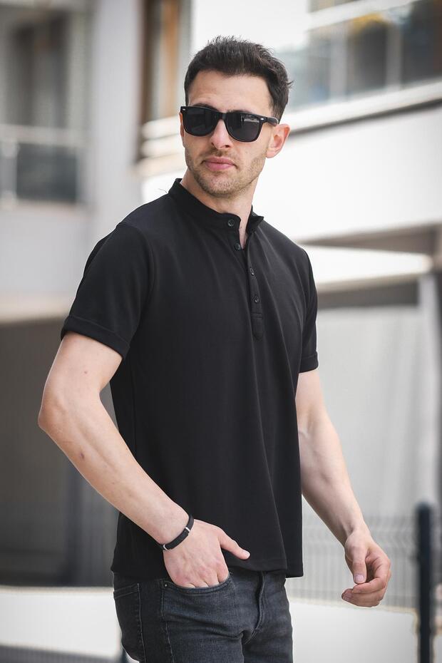 قميص رجالي من Cole Slim Fit مرن من الليكرا بنصف أزرار وأكمام قصيرة وياقة محايدة