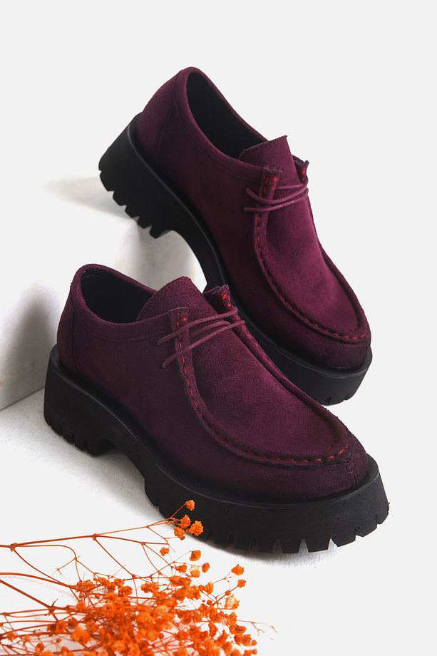 Babs Kadın Loafer Kalın Taban Bağcıklı Günlük Ayakkabı Bordo Süet - 1