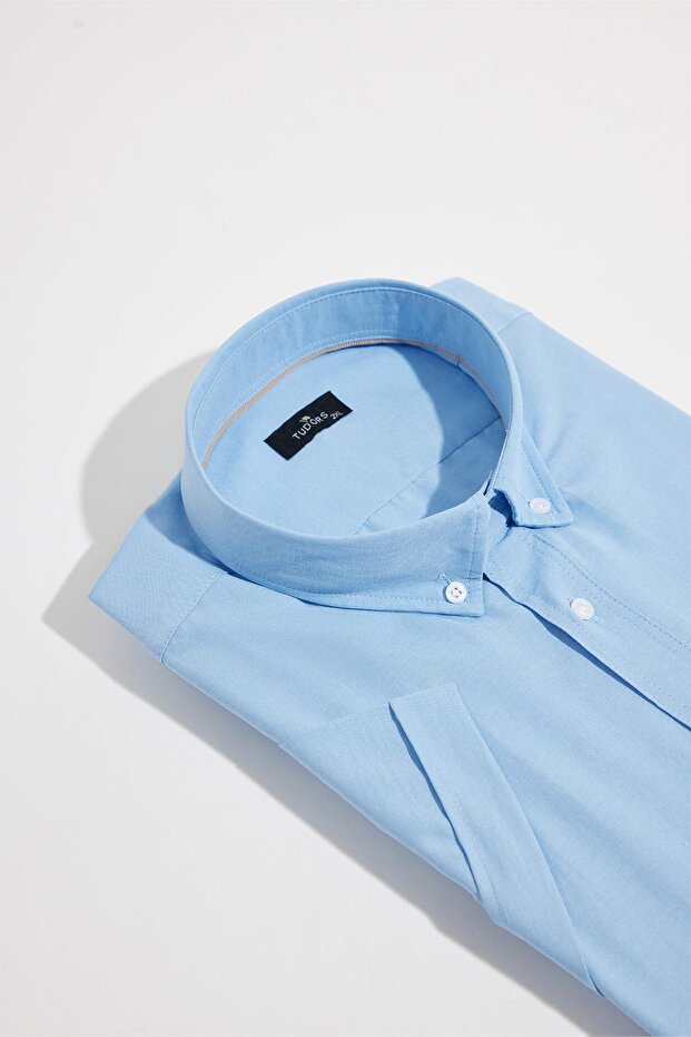 Men's Plus Size Short Sleeve Lapel Button Cotton Pocket Solid Blue Shirt