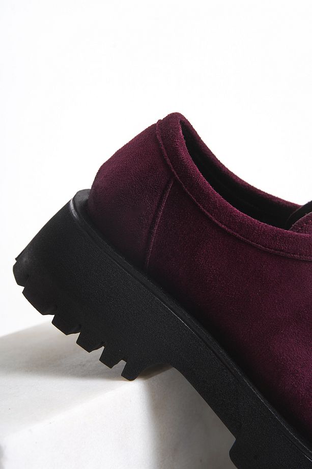 Babs Kadın Loafer Kalın Taban Bağcıklı Günlük Ayakkabı Bordo Süet - 7