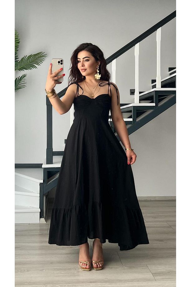 Siyah Marka Model Fırfırlı Astarlı Elbise - 7