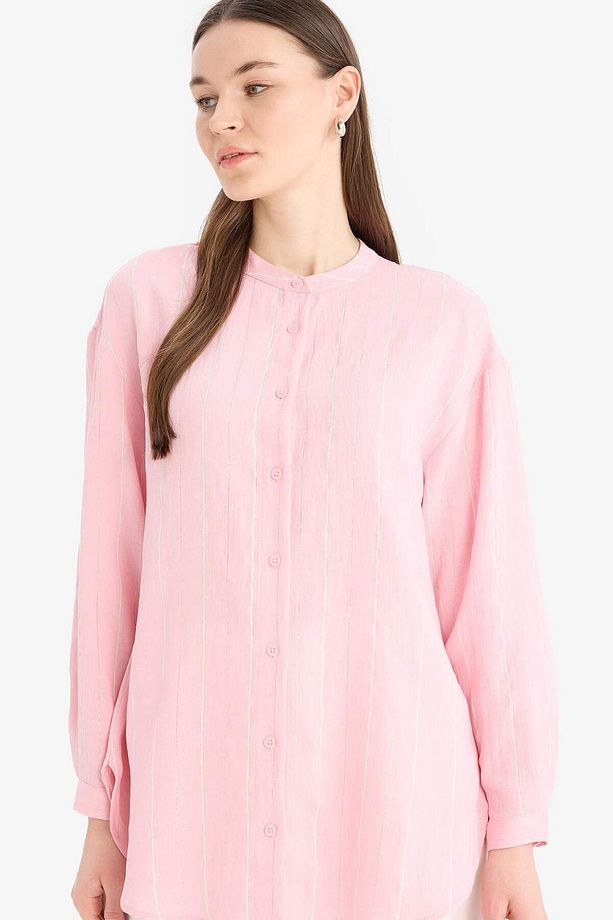 Relax Fit Basic Düz Simli Kumaş Uzun Kollu Tesetür Gömlek Tunik D9759ax25hs - 1