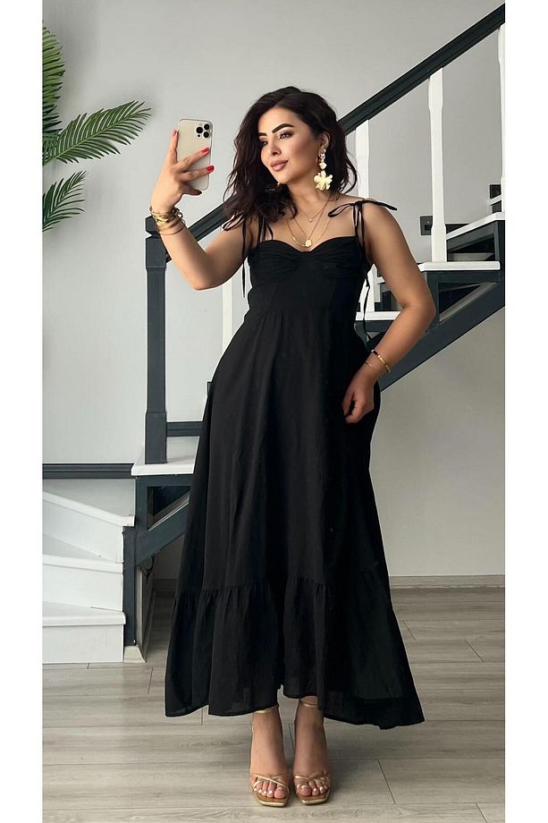 Siyah Marka Model Fırfırlı Astarlı Elbise - 3