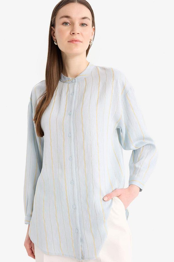 Relax Fit Basic Düz Simli Kumaş Uzun Kollu Tesetür Gömlek Tunik D9759ax25hs - 1