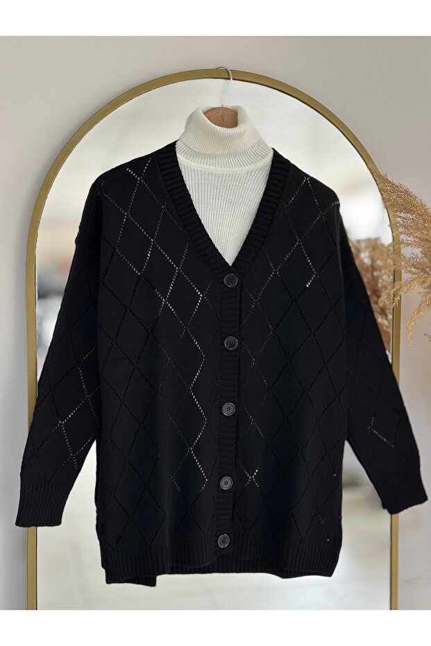 Dila Baklava Pattern Perforated Cardigan-Zi̇6150 Black