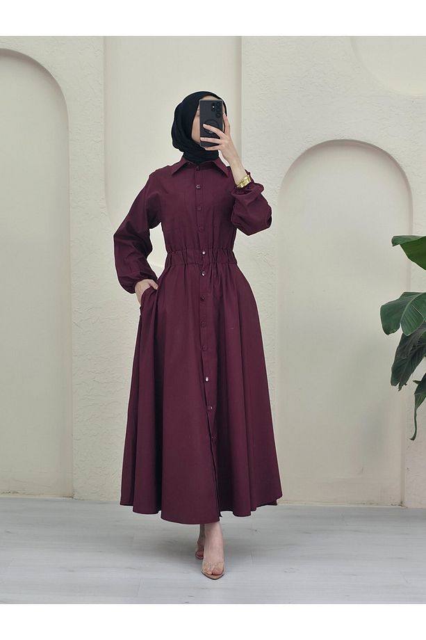 Boydan Düğmeli Çift Cepli Kolu Lastikli Poplin Elbise -Bordo - 3