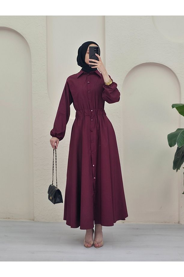 Boydan Düğmeli Çift Cepli Kolu Lastikli Poplin Elbise -Bordo - 5