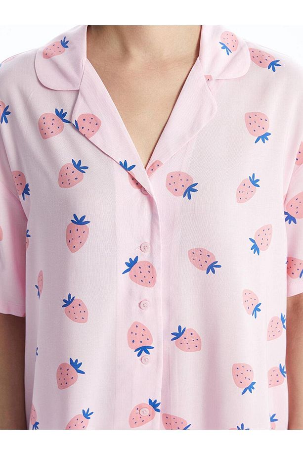 LCW Young Pembe Gömlek Yaka Desenli Kadın Şortlu Pijama Takımı - 3