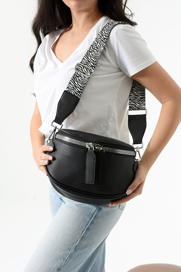 Women's Crossbody Bag Waist Bag Zebra Pattern Woven Strap Black